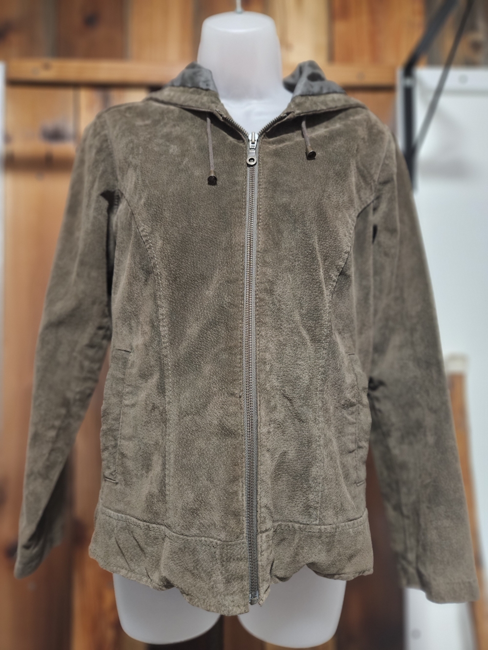 Christopher & Banks Hooded Suede Zip Jacket in Olive Brown